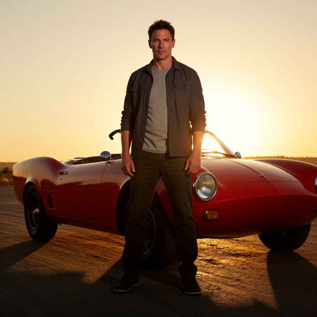 Man Standing by Classic Red Convertible Car at Sunset