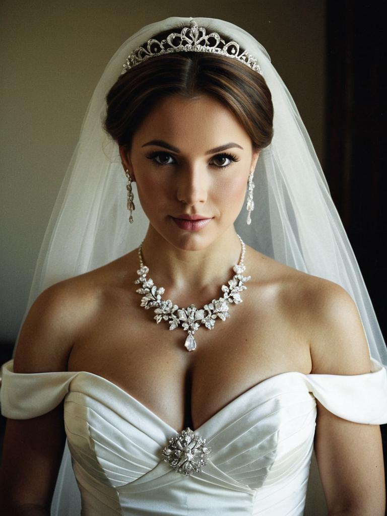 Elegant Bride in Satin Wedding Dress with Sparkling Bridal Accessories and Tiara