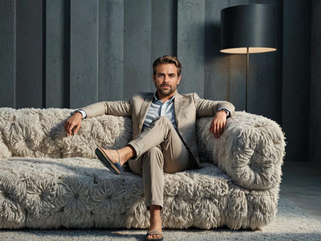 Suave man in beige suit on plush sofa