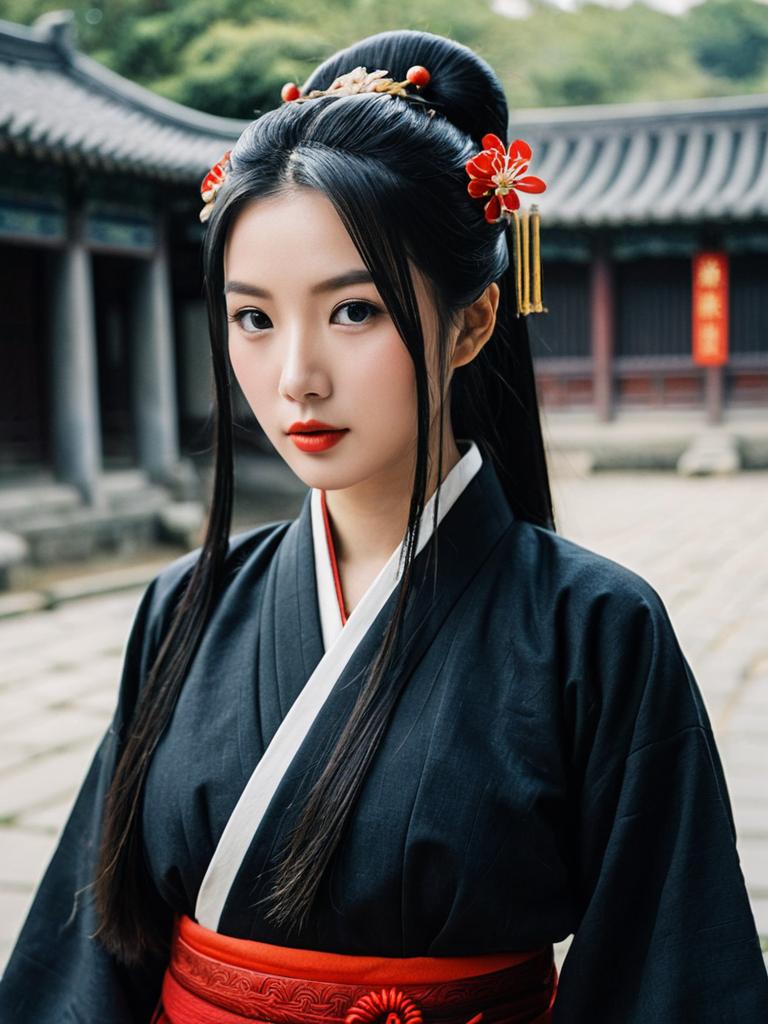 Tomioka Giyuu Costume Woman in Traditional Japanese Attire with Red Floral Hairpins