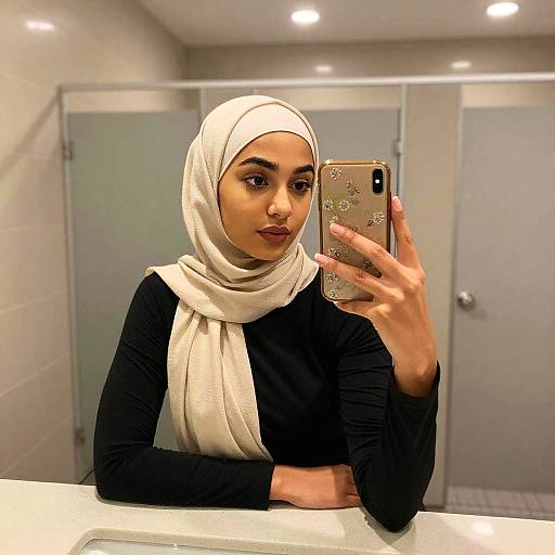 Young Woman Taking Mirror Selfie Wearing Beige Hijab and Black Top