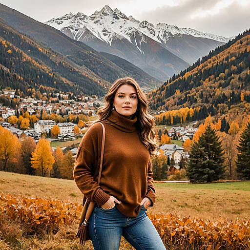 Young Woman in Autumn Mountains with Snow-Capped Peaks and Village