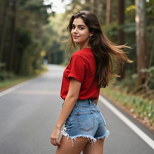Young Woman in Red Shirt and Denim Shorts on Road with Green Forest Background