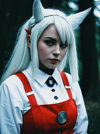 Photorealistic Cosplay Portrait of Woman in White Fox Ears and Red Costume