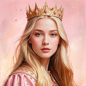 Young Woman in Golden Crown with Pink Jewels