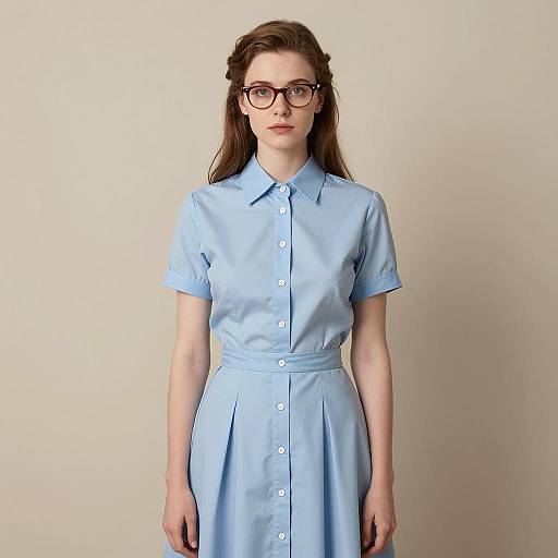Young Woman in Light Blue Button-Down Dress with Glasses on Neutral Background