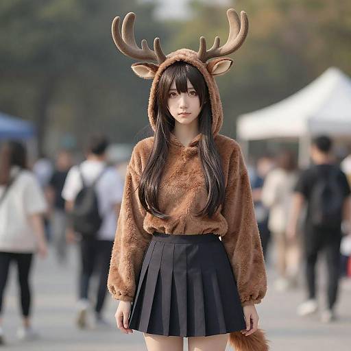 Woman Cosplaying Moose Kemono Friends Character in Urban Setting