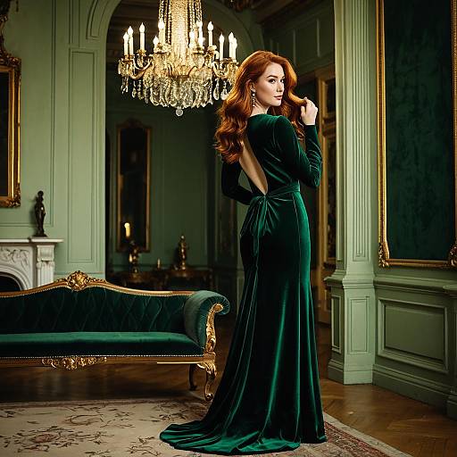 Elegant Red-Haired Woman in Green Velvet Gown in Vintage Luxury Room