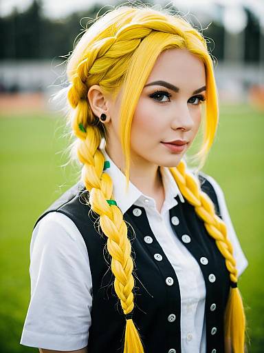 Portrait of Woman with Bright Yellow Braided Hair in Black Vest