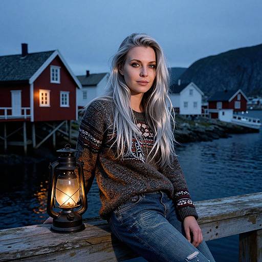 Blonde Woman with Lantern by Nordic Coastal Village at Dusk