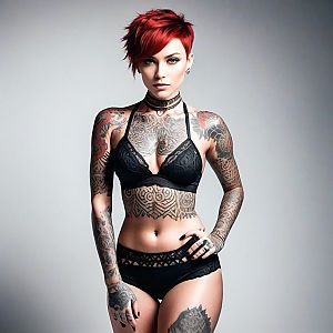 Confident Woman in Black Lingerie with Red Hair and Tattoos