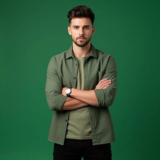 Young Man in Green Shirt with Arms Crossed on Green Background