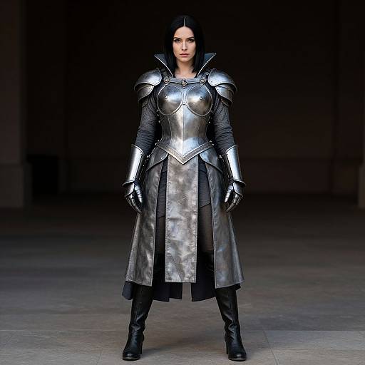 Woman Wearing Medieval Silver Armor in Dramatic Pose