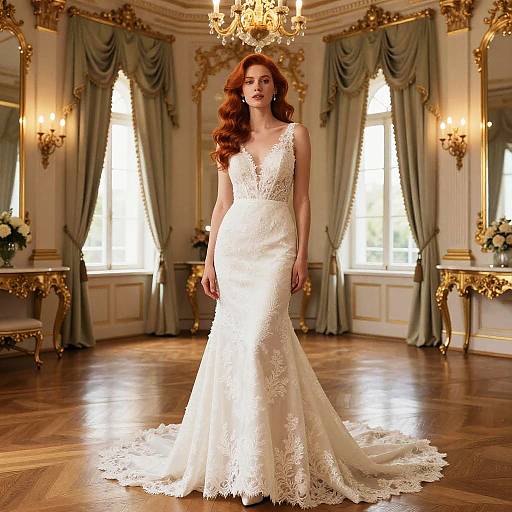 Elegant Redhead Woman in Lace Wedding Gown in Luxurious Classic Interior
