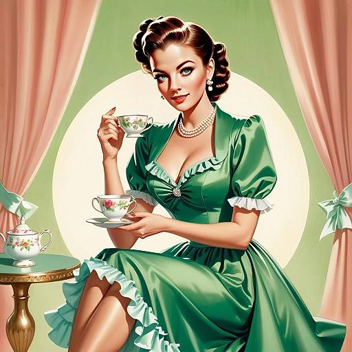 Vintage Pin-Up Woman in Green Dress Drinking Tea Retro Illustration
