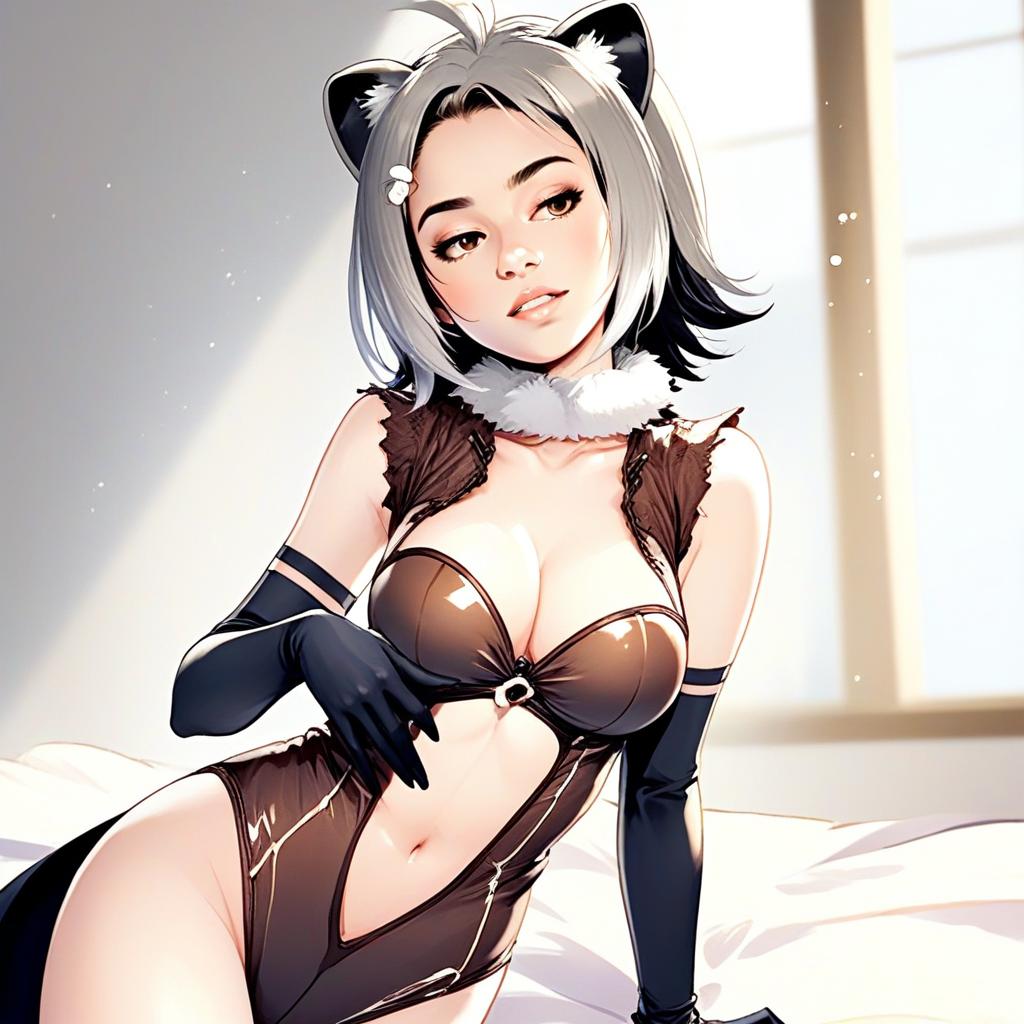 Stylized Anime Woman in Glossy Cat Costume Digital Art