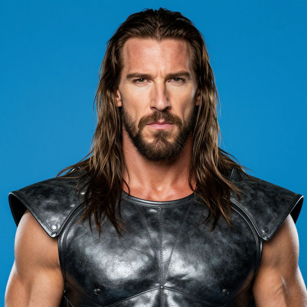 Muscular Man Wearing Black Leather Armor with Long Hair on Blue Background