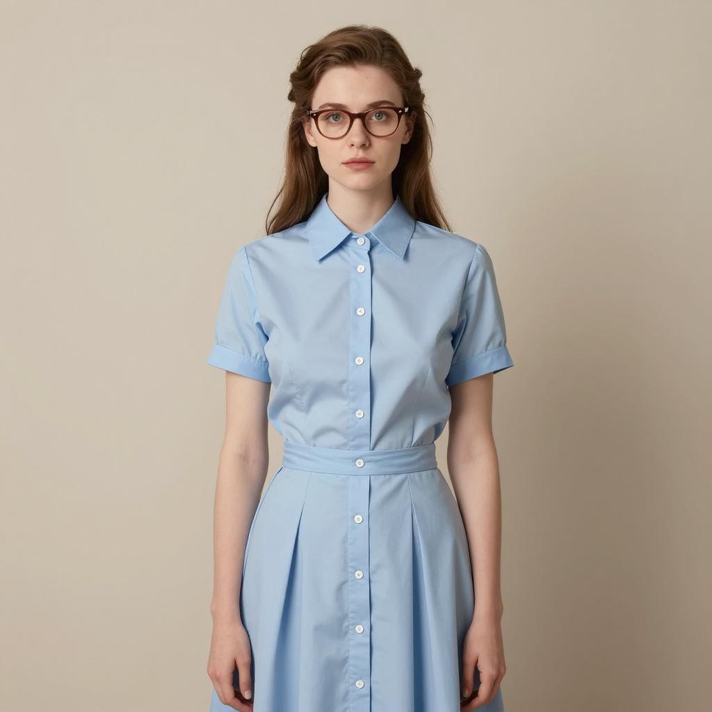 Young Woman in Light Blue Button-Down Dress with Glasses on Neutral Background