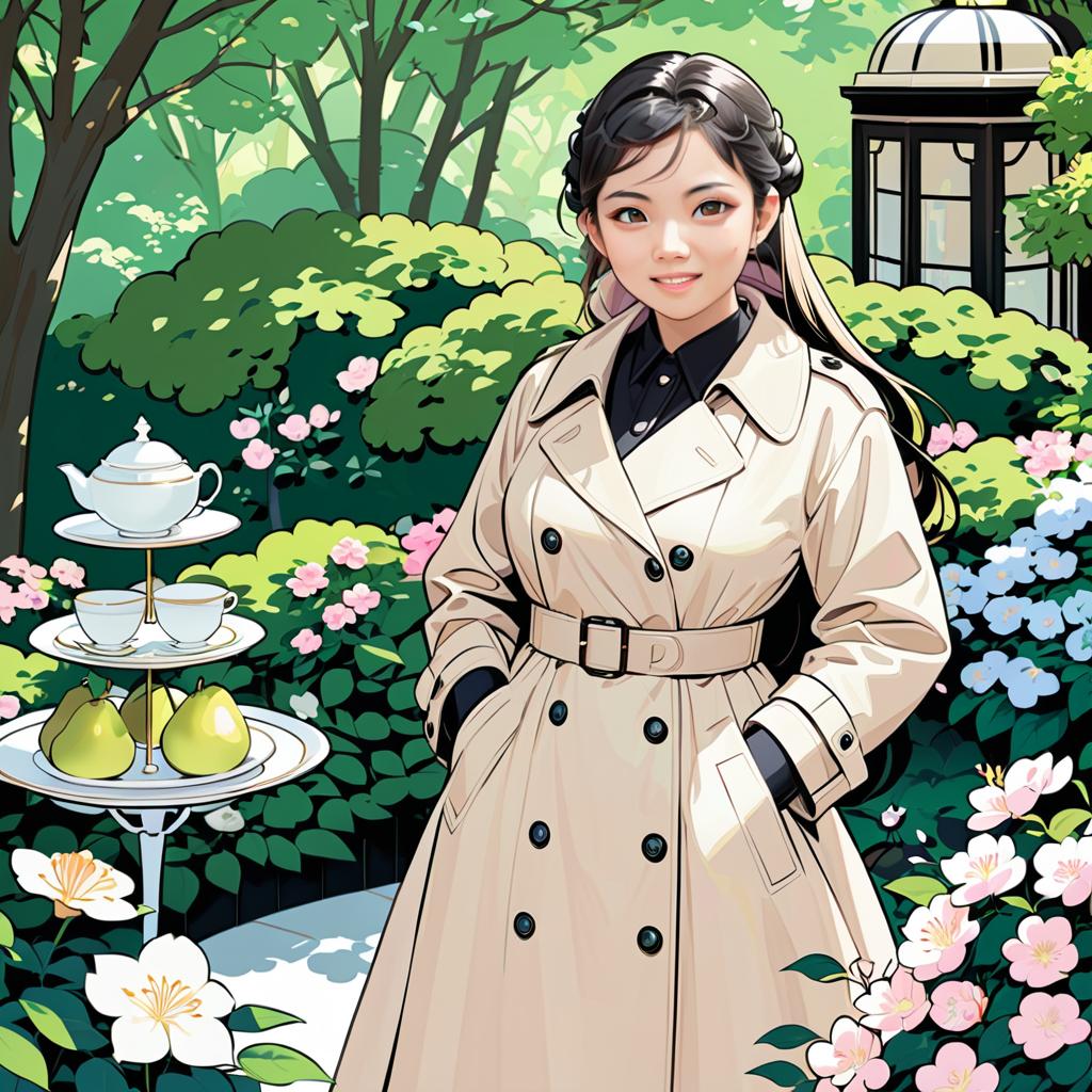 Stylish Anime Woman in Lush Garden with Trench Coat