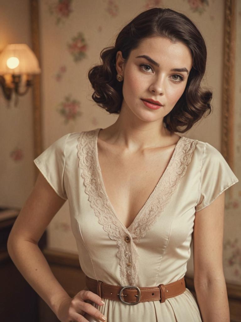 Elegant Woman with Vintage Curls in Retro Room