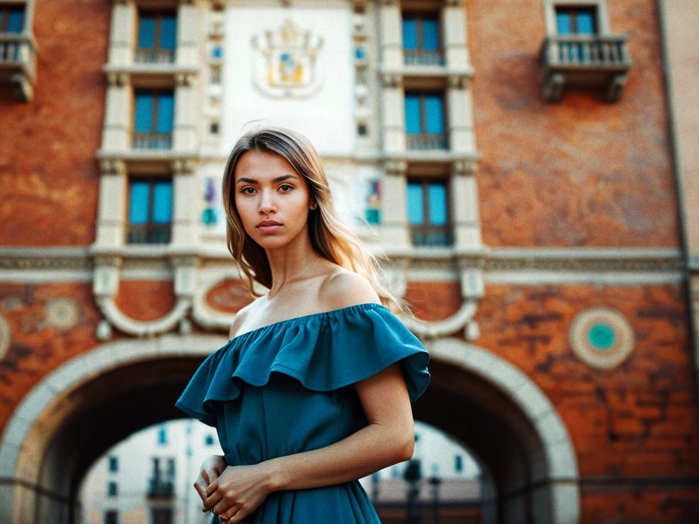 Stylish Woman in Off-Shoulder Dress Against Ornate Architecture