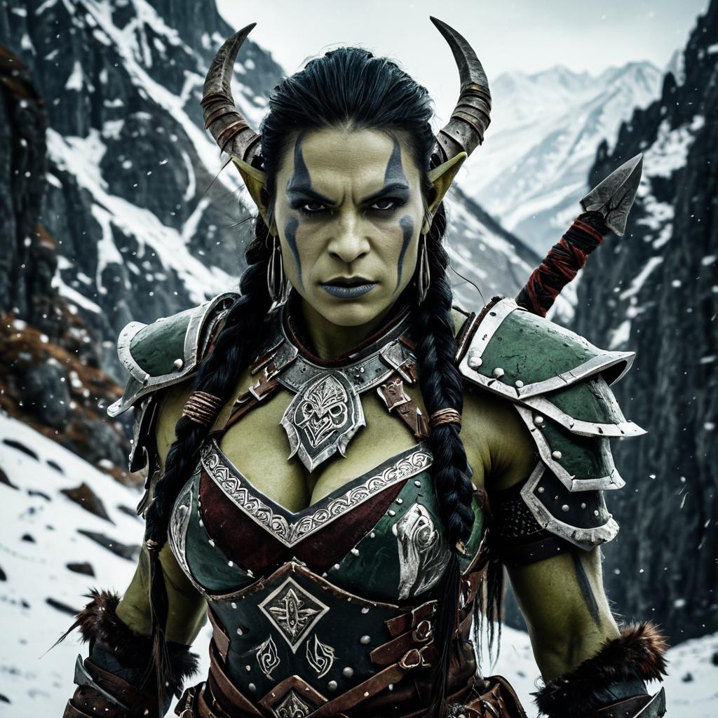 Fierce Green-Skinned Woman Warrior in Snowy Mountains