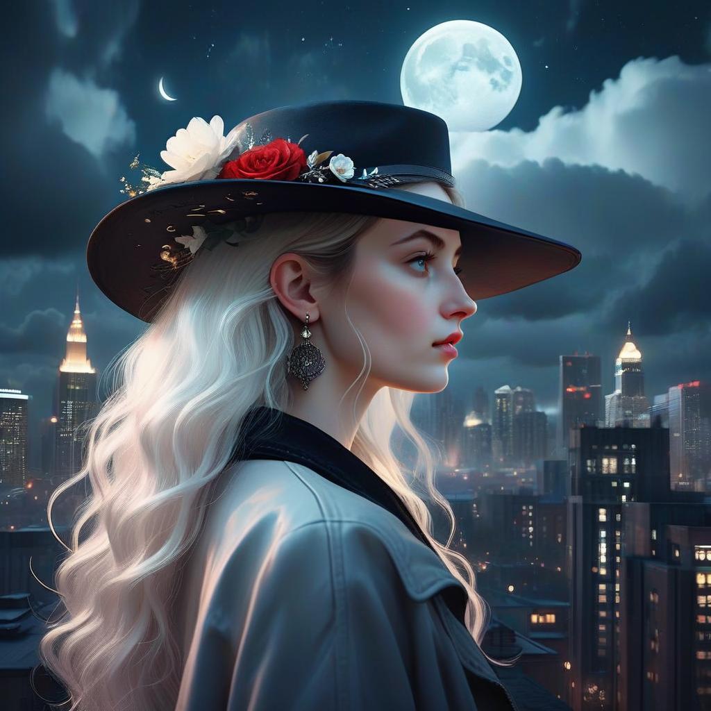 Elegant Woman in Floral Hat with Moonlit City Skyline at Night