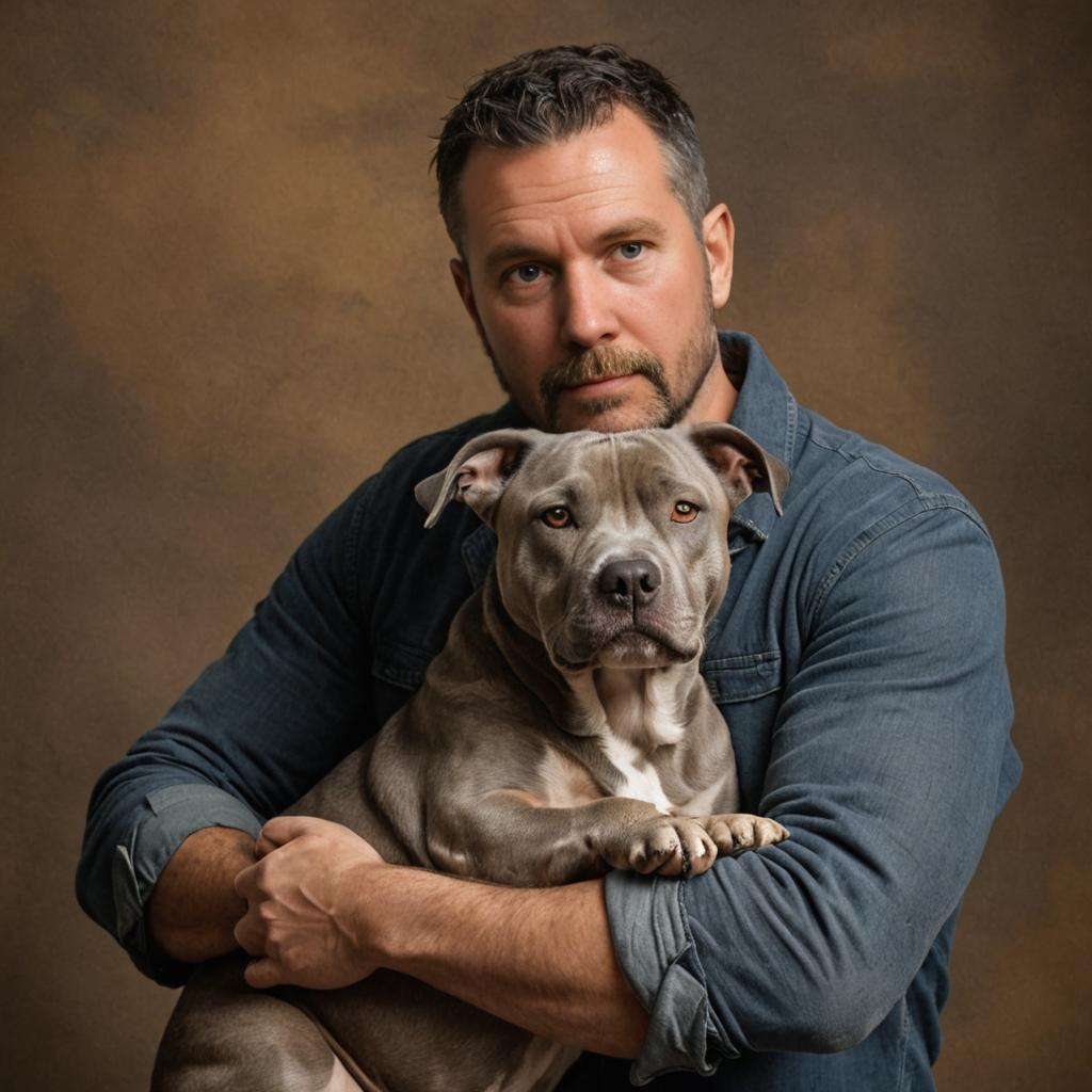 Man in Denim Shirt with Pitbull