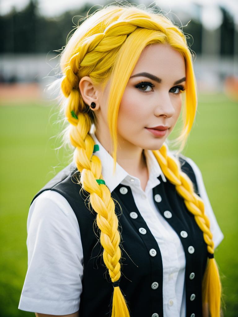 Portrait of Woman with Bright Yellow Braided Hair in Black Vest