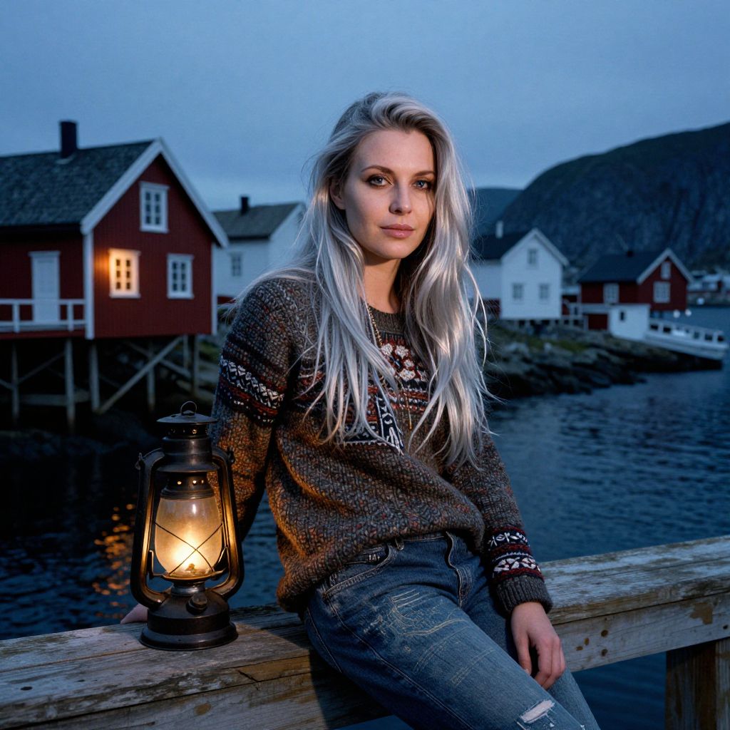 Blonde Woman with Lantern by Nordic Coastal Village at Dusk