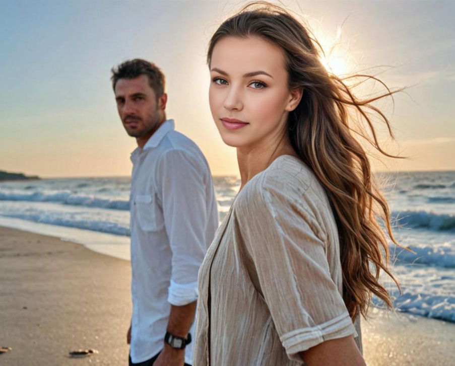 Casual Couple on Beach at Sunset