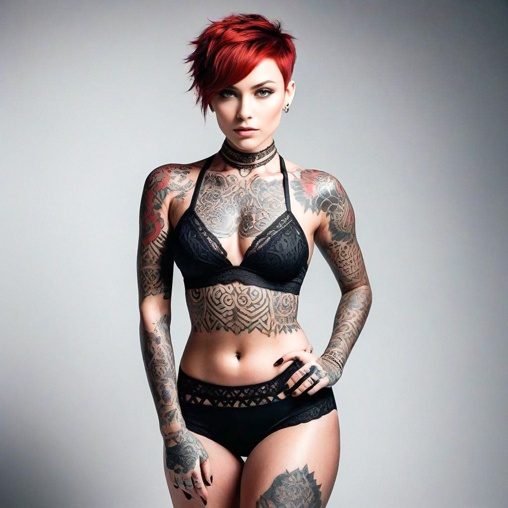 Confident Woman in Black Lingerie with Red Hair and Tattoos Confident Woman in Black Lingerie with Red Hair and Tattoos