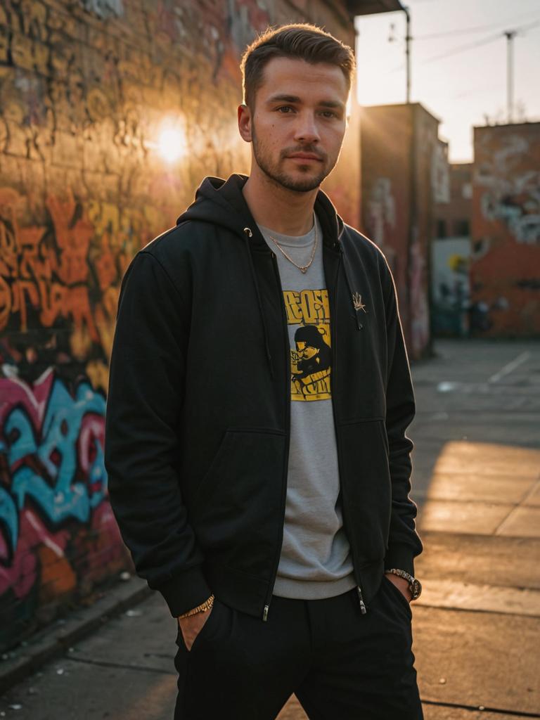 Young man in stylish hoodie with graffiti background