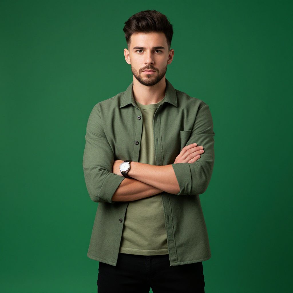 Young Man in Green Shirt with Arms Crossed on Green Background