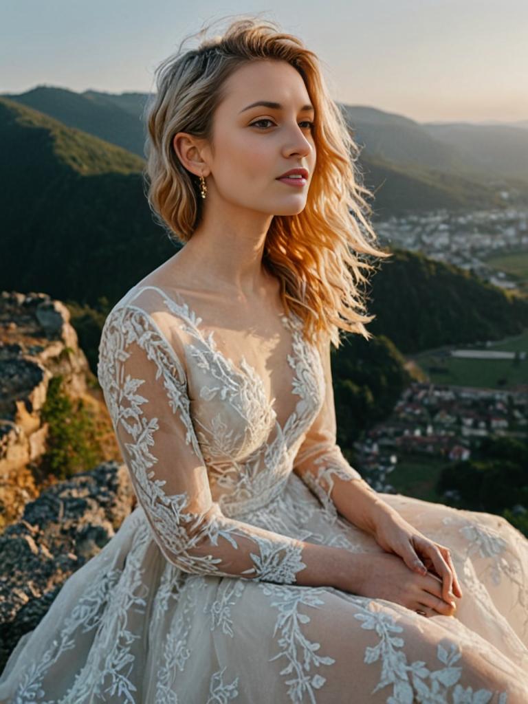 Elegant Woman in Lace Dress Against Mountainous Backdrop