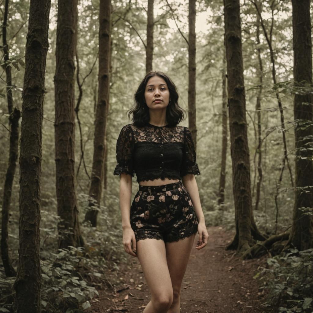 Woman in Black Lace Outfit in Serene Forest