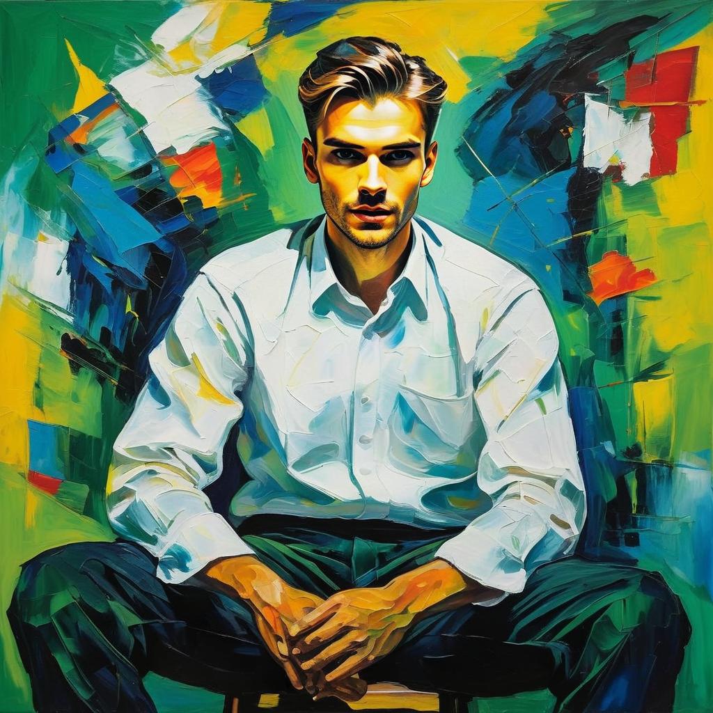 Modern Expressionist Portrait of Young Man with Abstract Colorful Background