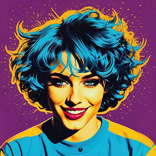 Vibrant Pop Art Portrait of Smiling Woman with Blue Hair