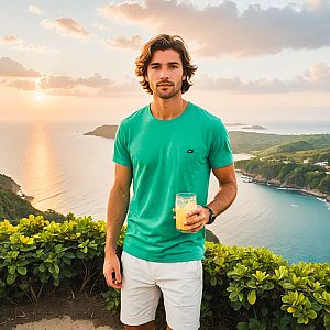 Young Man Enjoying Sunset by Ocean