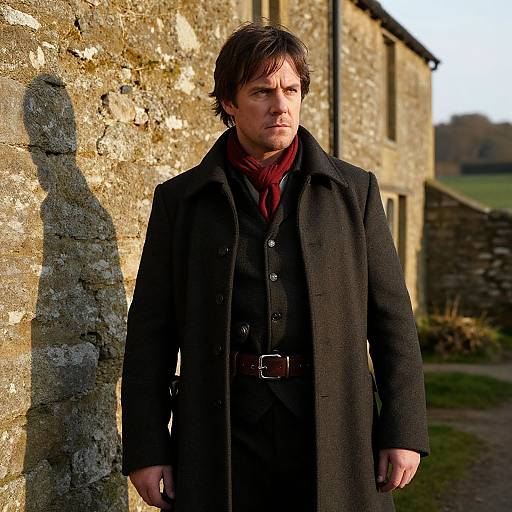 Man in Vintage Coat Standing by Stone Wall in Rural Setting