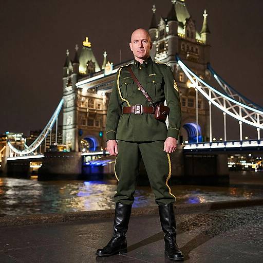 Man in Vintage Military Uniform by Tower Bridge at Night