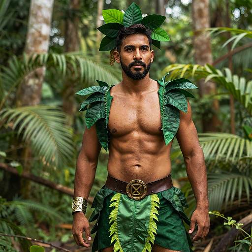 Shirtless Man in Green Jungle Costume Standing in Lush Forest