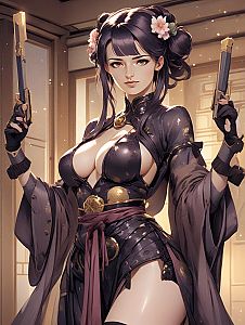 Elegant Female Warrior in Kimono Outfit Holding Pistols Anime Style