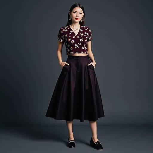 Stylish Woman in Burgundy Floral Top and Dark Midi Skirt Fashion Portrait
