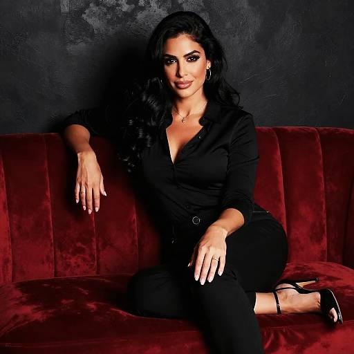 Elegant Woman in Black Outfit on Red Velvet Couch