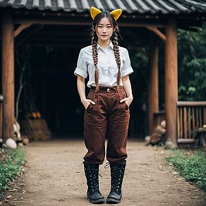 Confident Young Woman in Rustic Outfit