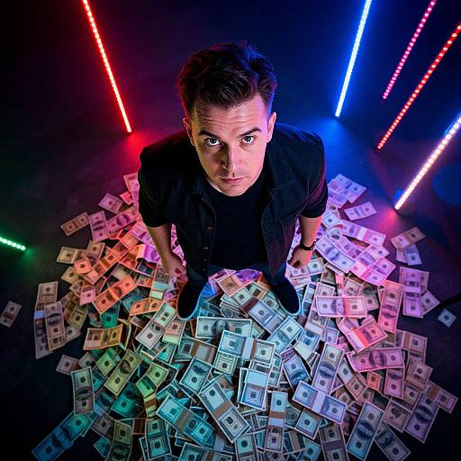 Man Surrounded by Cash Under Colorful Neon Lights