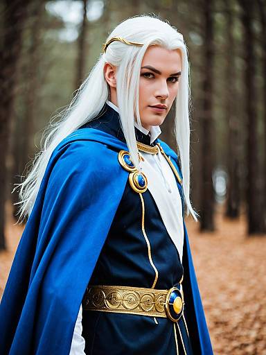 Fantasy Cosplay Man with White Hair and Blue Cloak in Forest
