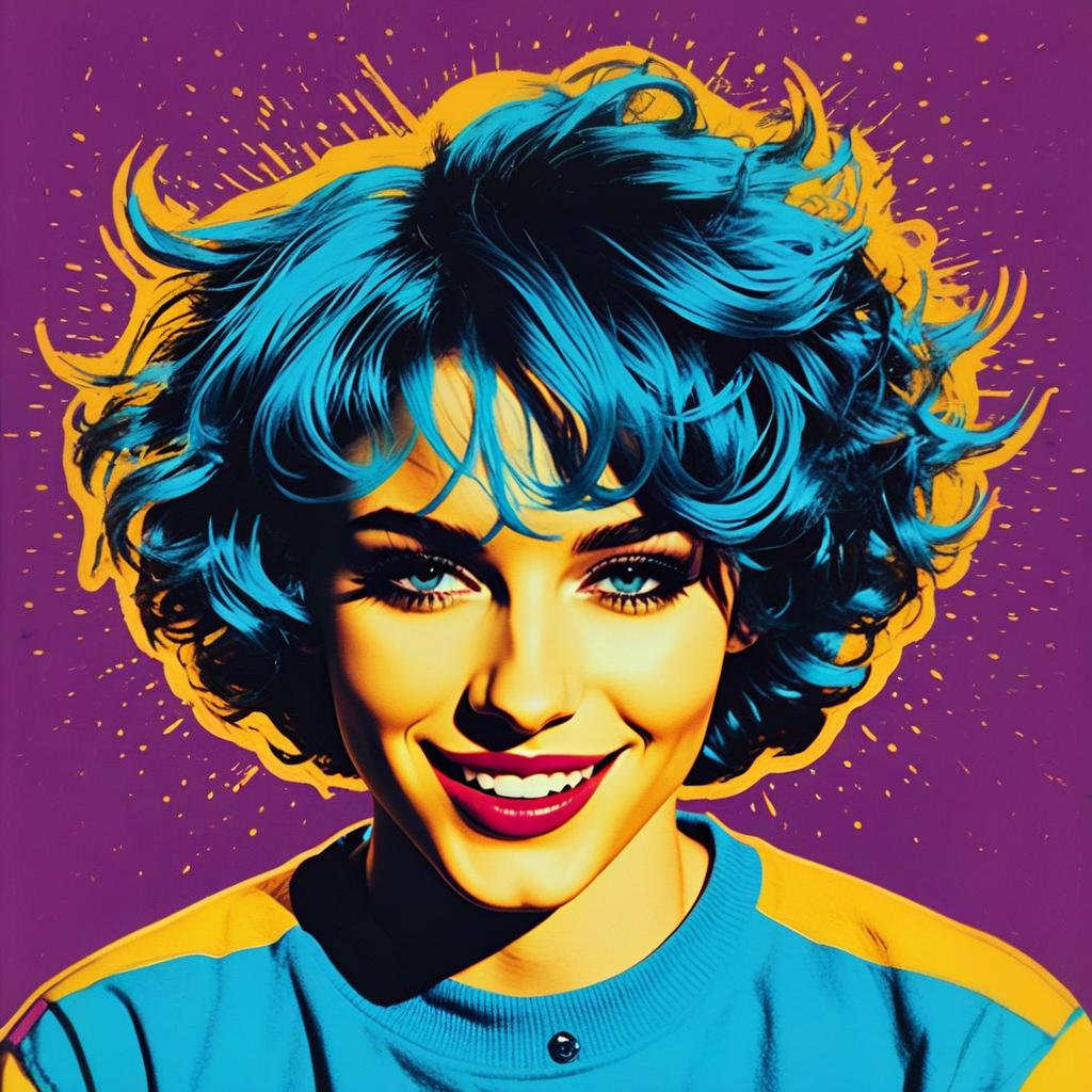 Vibrant Pop Art Portrait of Smiling Woman with Blue Hair