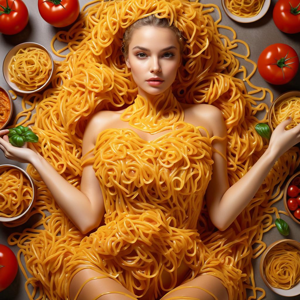 Woman in Pasta Outfit Surrounded by Tomatoes